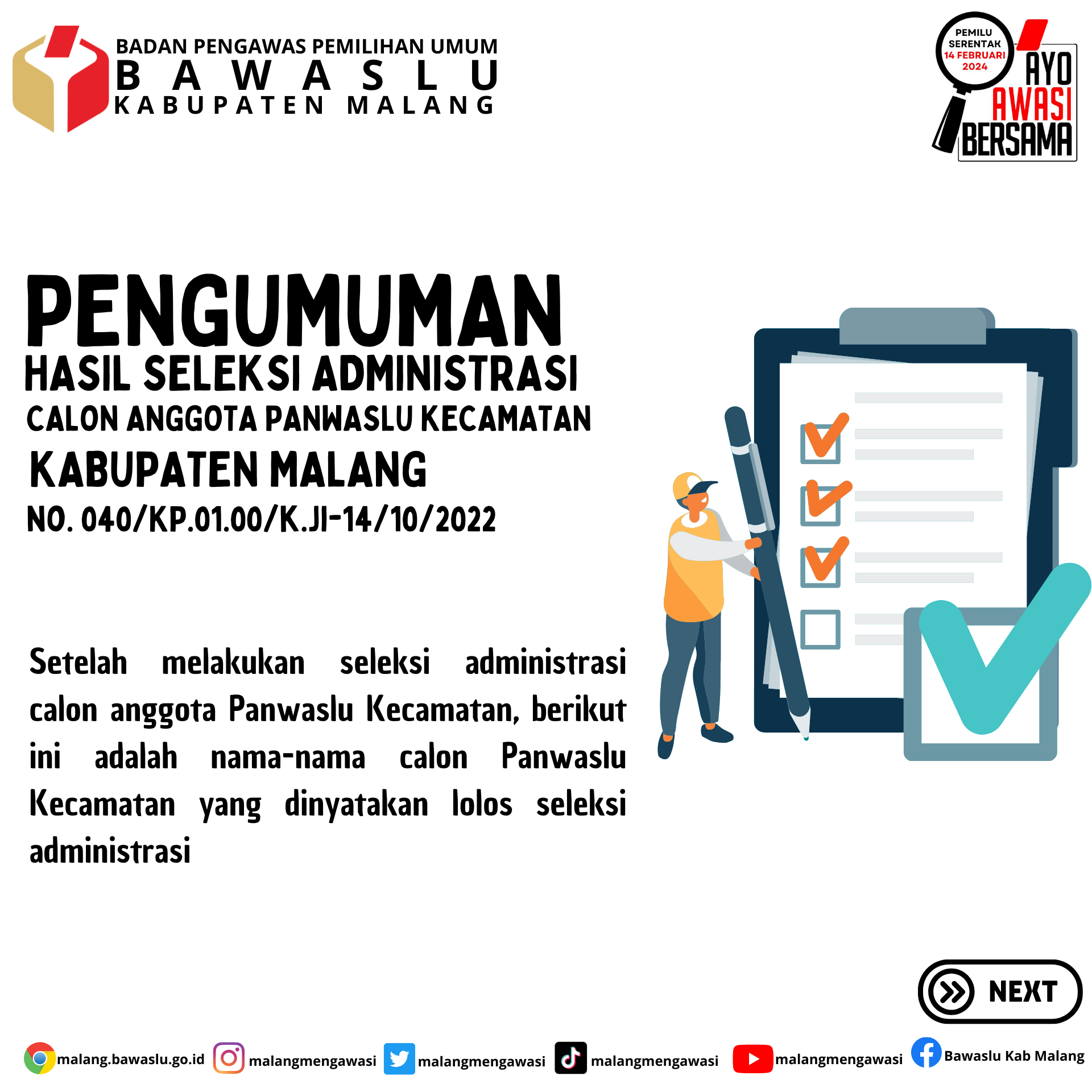 PENGUMUMAN HASIL SELEKSI ADMINISTRASI CALON ANGGOTA PANWASLU KECAMATAN UNTUK PEMILU SERENTAK TAHUN 2024