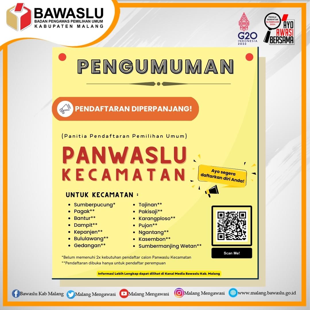 Pengumuman Perpanjangan Pendaftaran Calon Panwaslu Kecamatan Untuk Pemilu Serentak Tahun 2024