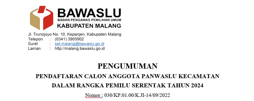 PENGUMUMAN PENDAFTARAN PANWASLU KECAMATAN