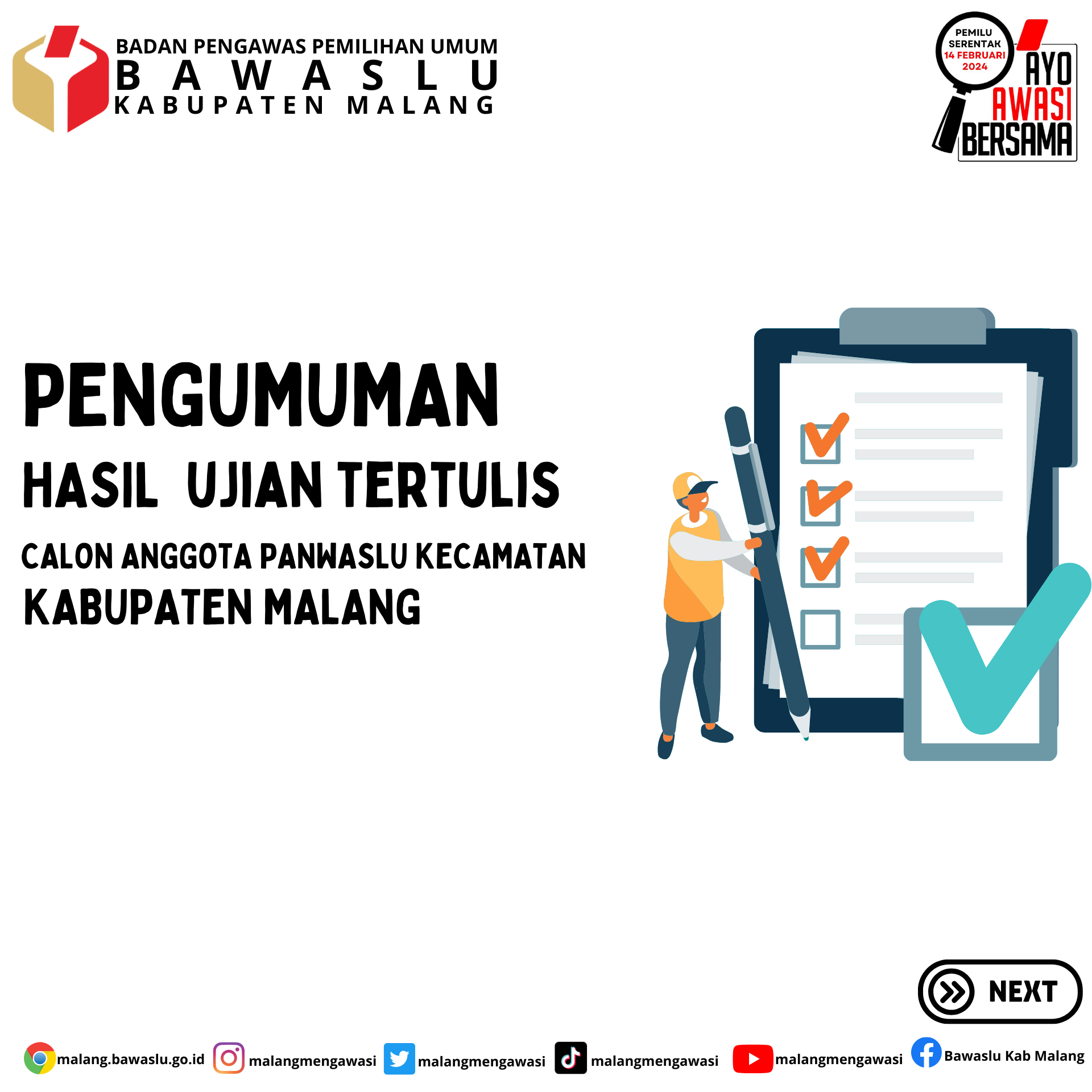 PENGUMUMAN HASIL UJIAN TERTULIS SELEKSI PANWASLU KECAMATAN UNTUK PEMILU SERENTAK TAHUN 2024