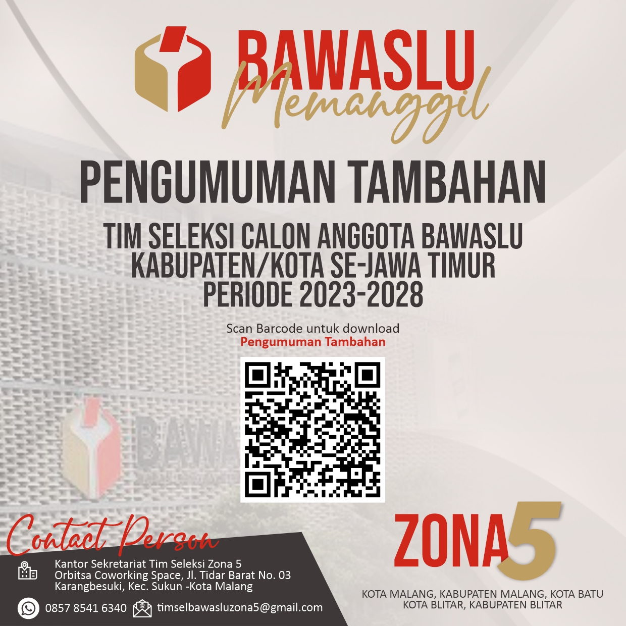 PENGUMUMAN TAMBAHAN TIM SELEKSI CALON ANGGOTA BAWASLU KABUPATEN/KOTA MASA JABATAN 2023 – 2028