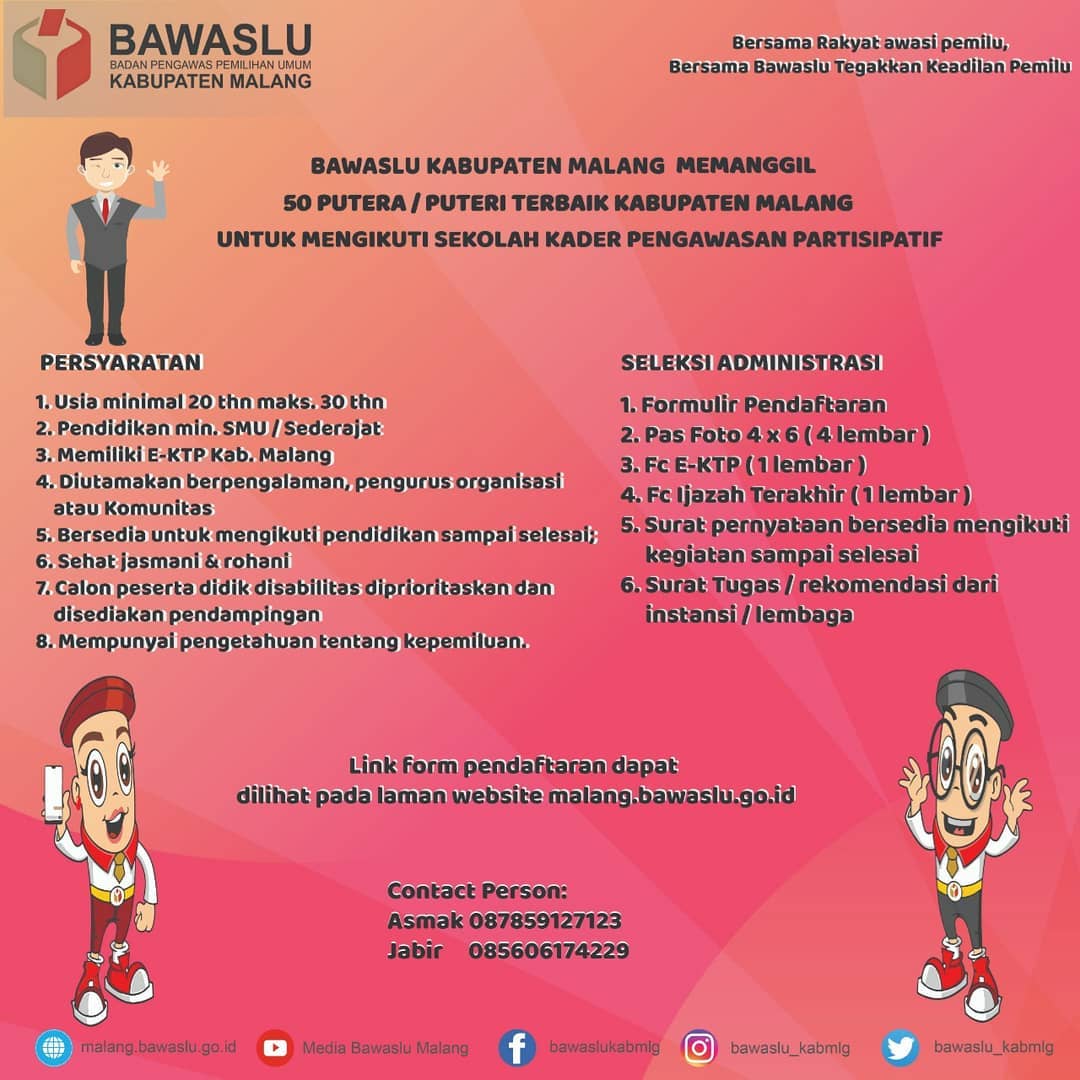 Ini Timeline Pendaftaran Menjadi Kader Pengawasan Bawaslu Kabupaten Malang