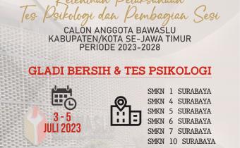 PENGUMUMAN KETENTUAN PELAKSANAAN TES PSIKOLOGI DAN PEMBAGIAN SESI CALON ANGGOTA BAWASLU KABUPATEN/KOTA SE-JAWA TIMUR MASA JABATAN 2023 – 2028